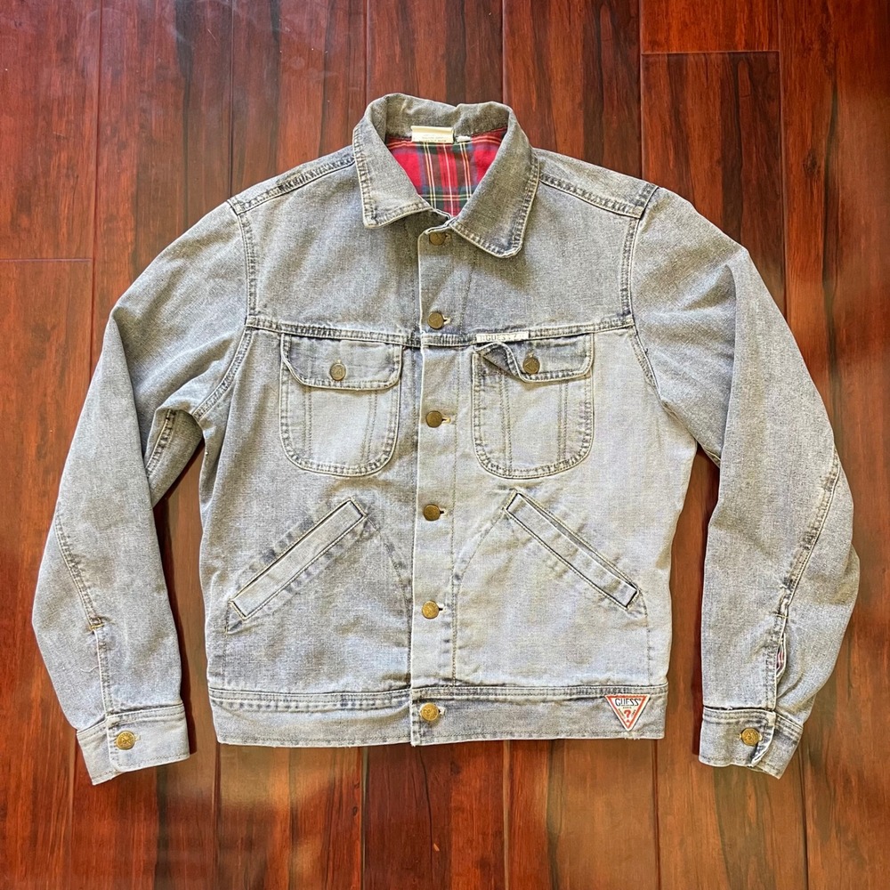 Vintage Guess Paris Georges Marciano Denim Trucker Jacket 80s Gray Plaid Lined S